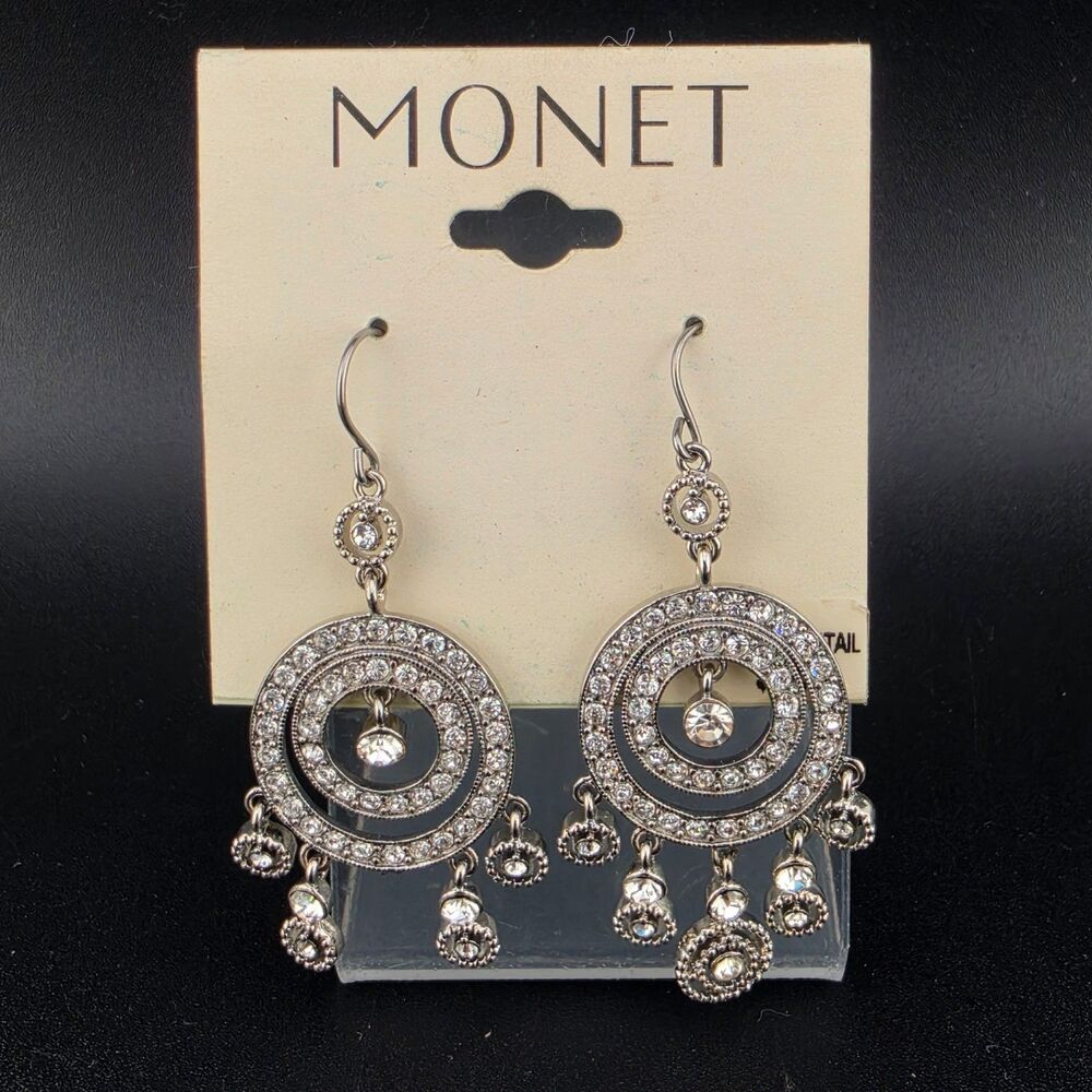 MOC Signed Monet Crystal Chandelier Pierce Earrings 2.5" Silver Tone